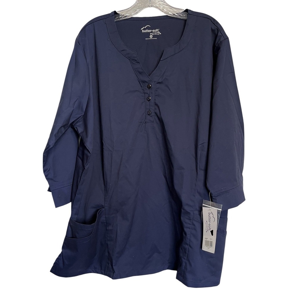 Butter Soft Sz 2X 3/4 Sleeve Top Navy Blue Stretch Medical Nurse Scrubs Button